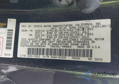 2005 Toyota Tacoma from USA, damaged, VIN 5TEPX42NX5Z096544